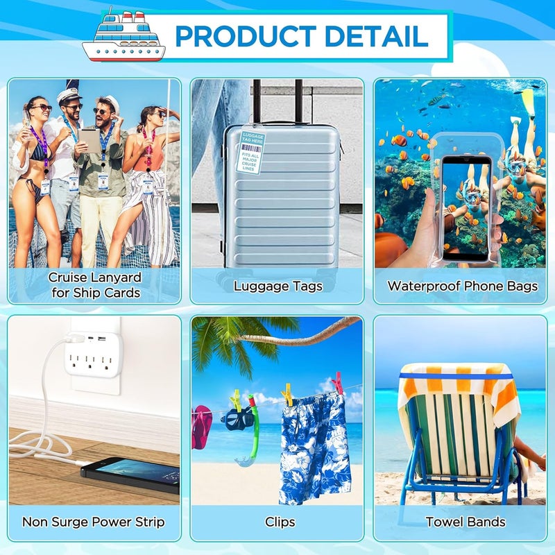 FACULX Cruise Essentials Kit Must Haves Set Include Cruise Luggage Tags Holder, Cruise Lanyards, Cruise Power Strip, Towel Bands and Clips, Waterproof Phone Bags for All Cruise Lines - Image 2